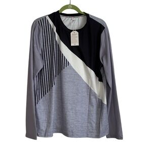 Exclusive XXL Womens Colorblock Striped Long Sleeve Crew Neck Top Grey Black
